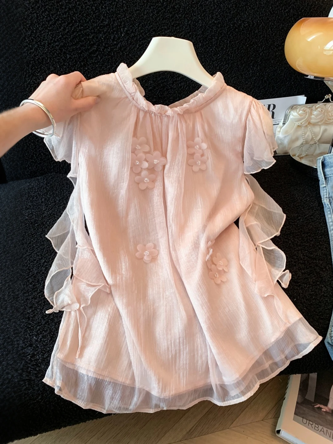 

Sweet Style Stand Collar Chiffon Shirt Women's Summer Design Flounce Sleeve 3D Flower Draped Top Korean Version Breathable Sk...