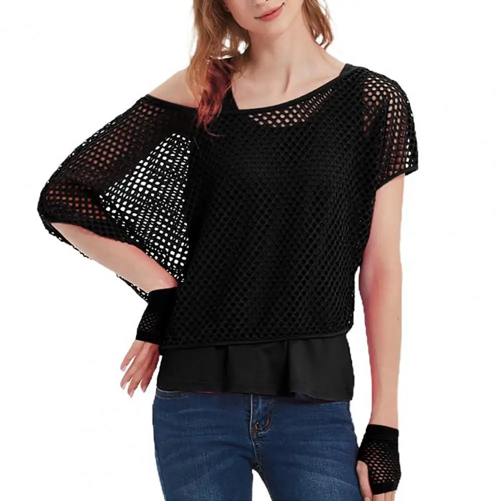 80s Mesh Shirt Vest Set Women Mesh Top Vest Set Bright Color O-Neck Short Sleeve Mesh Cropped Tops Racerback Pullover Vest Set