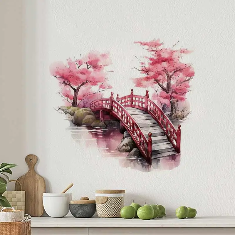 Cherry Blossom and Bridge Wall Sticker Bathroom Toilet Decor Living Room Cabinet Refrigerator Home Decoration Decals S784