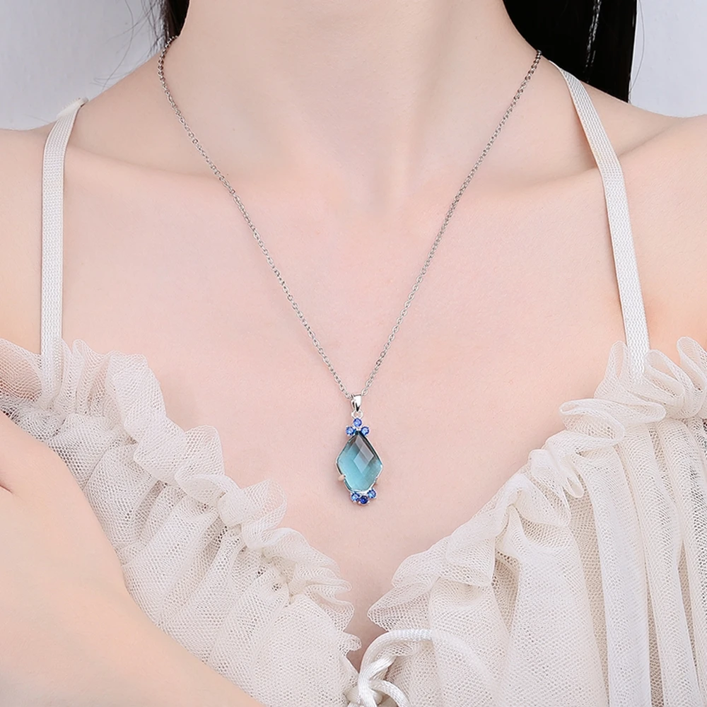 DreamCarnival1989 Delicate Aquamarine Pendant Necklace Women Pentagonal Zircon Wedding Party Sweater Jewellery Blue Tone WP7027