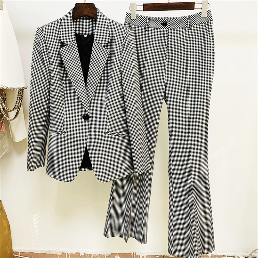 Conjunto de terno formal quadriculado feminino, xadrez justo, blazer de mangas compridas, calças largas, smoking de um botão, mais novo