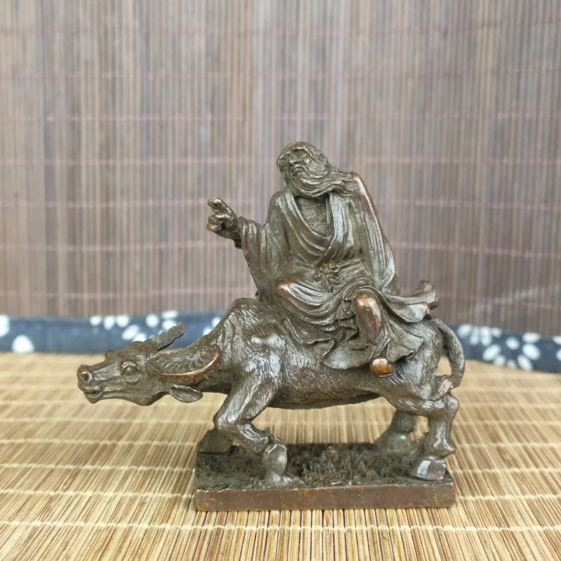 Bronze Statue of Lao Tzu Riding a Cow, Vintage Collectible Antique Ornament for Coffee Table