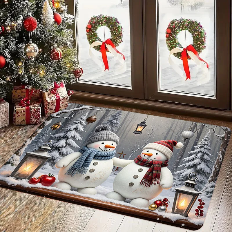 Double Snowman Christmas Doormat Winter Forest Lantern Pine Tree Print Entryway Floor Mat for Front Door Indoor Xmas Home Decor