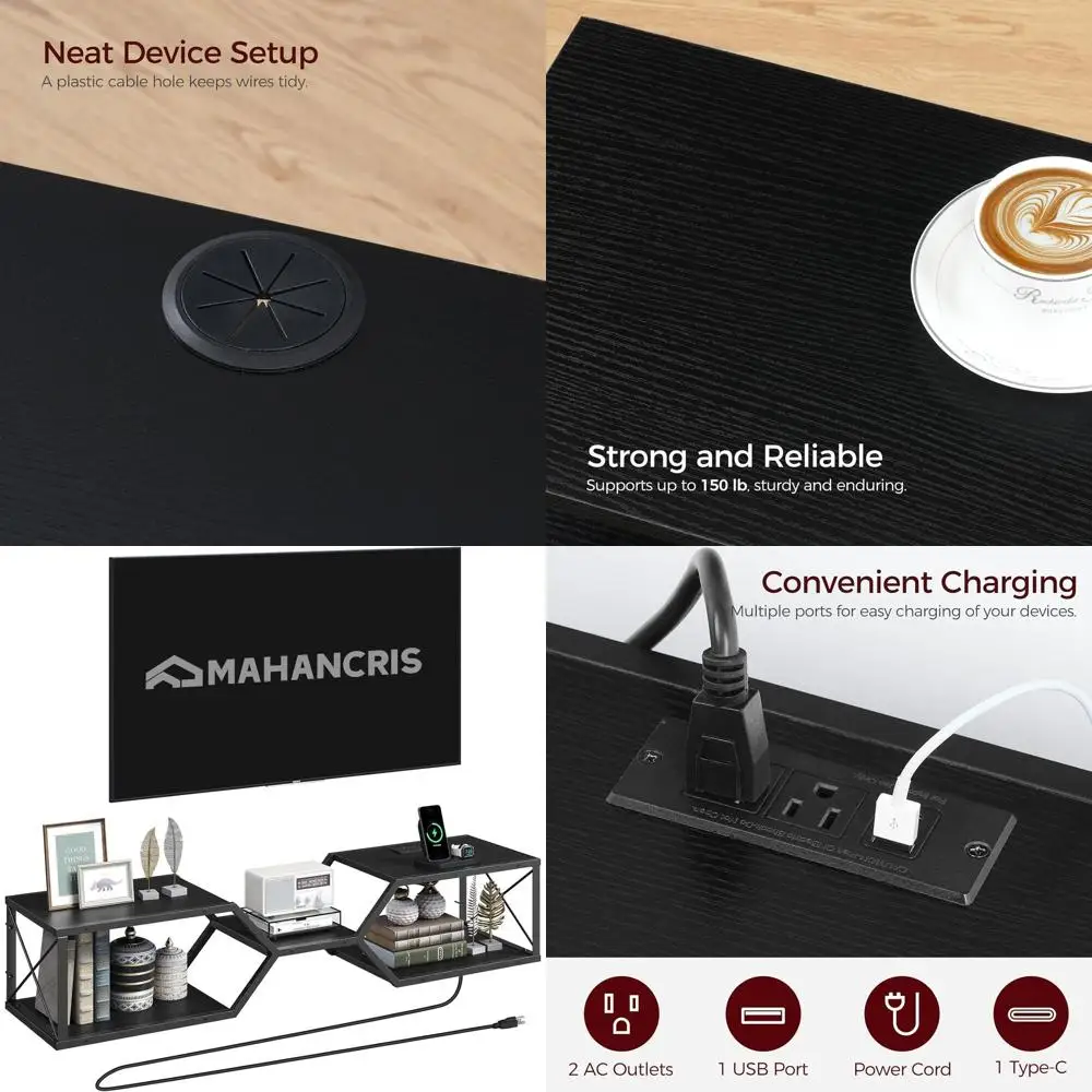 

Black Wall-Mounted Floating TV Stand with Storage and Power Outlet, X-Frame Design for Living Spaces and Bedrooms - TVBK301E01