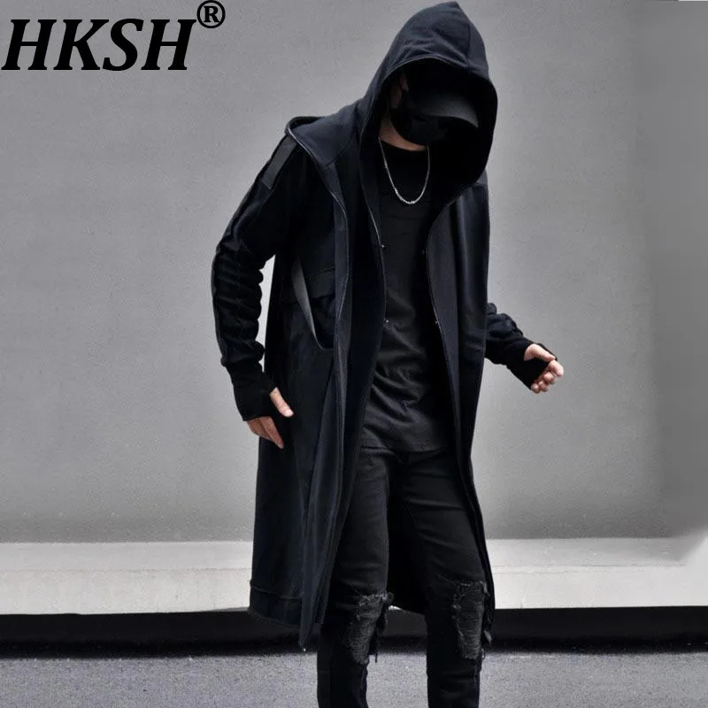 

HKSH Autumn New Men's Tide Darkwear Fashion Gothic Style Trench Long Length Coats Fake Two-Piece Hooded Windbreaker Cloak HK7919
