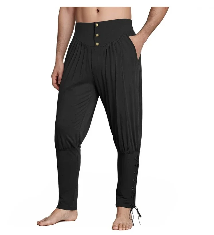 LisdinoMens Medieval Ankle Pants Renaissance Viking Pirate Lace Up Tapered Halloween Linen Costume Trousers