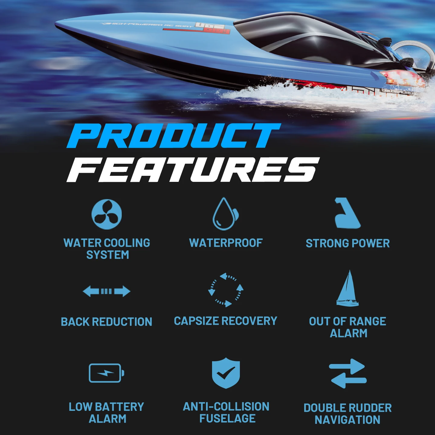 UDIRC High-Speed RC Racing Boat UDI025 Brushless Motor Self-Righting & Waterproof Hull for Lake, Pool, Outdoor Water Funll