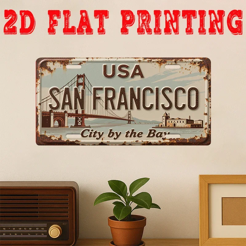 2D Flat Vintage Metal Tin Sign San Francisco Iconic Cityscape 