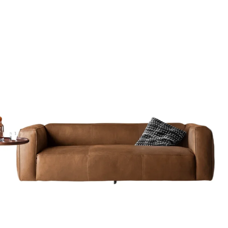 Wabi-sabi style, Nordic cream light luxury retro style, brown straight row, leather sofa