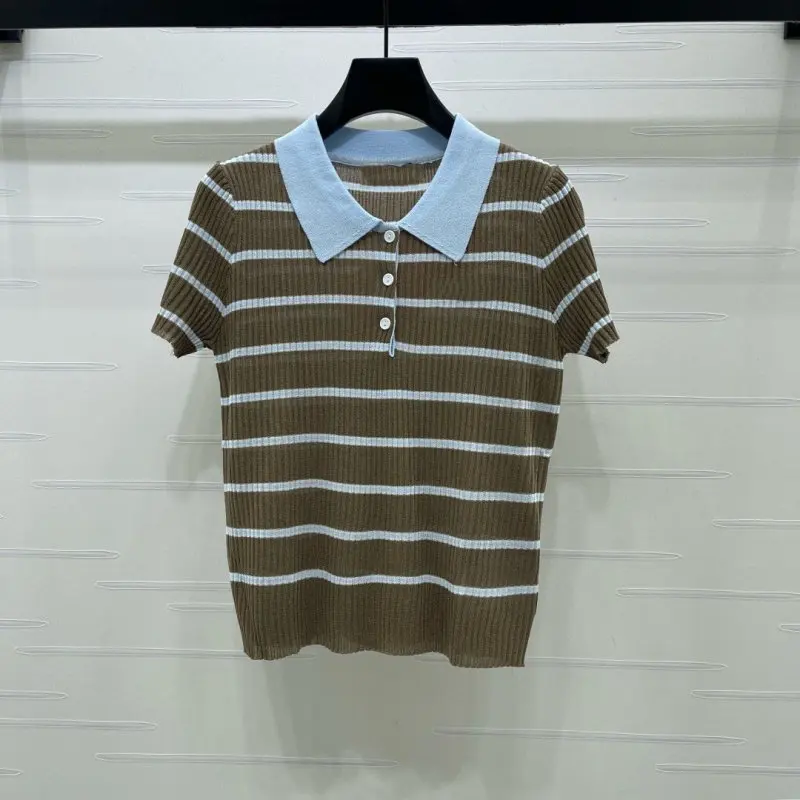 Soft & Comfortable Lapel Striped Color-block Knit Short Sleeve Top