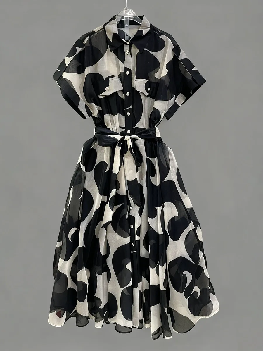 TWOTWINSTYLE Printing Sheer Spliced Buttons Casual Dresses for Women Lapel Sleeveless Patchwork Lace Up Fashion Dress Female New