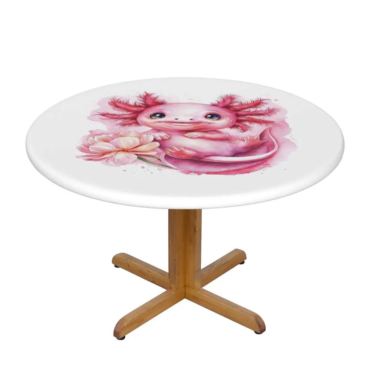 Cartoon Pink Axolotl Salamander And Pink Flowers Round Tablecloth Oilproof Table Cloth for Kitchen Events Dining Table Cover