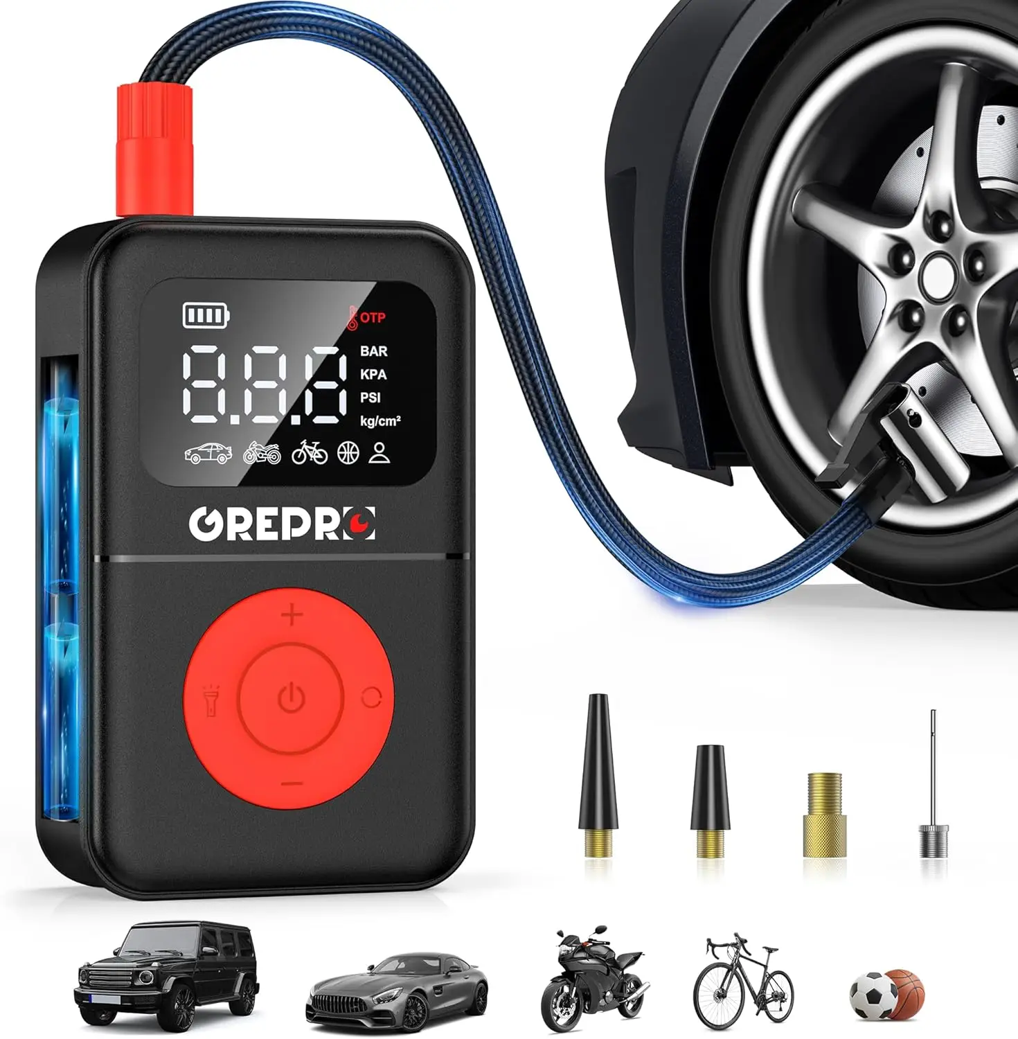 

Portable Tire Inflator 160 PSI Air Pump with Digital Gauge, LED Light, & Adapters for Car, Bike, Motorcycle