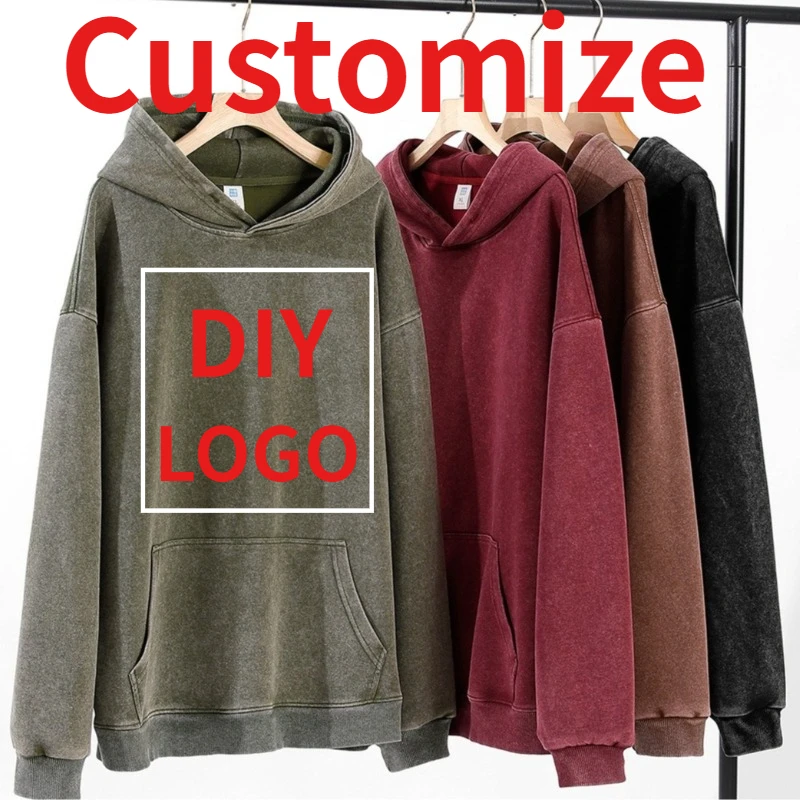 Customized Hoodie High Quality Street Retro Washed Mens Hooded Sweatshirt DIY Your Brand Design Personalized Team Clothing