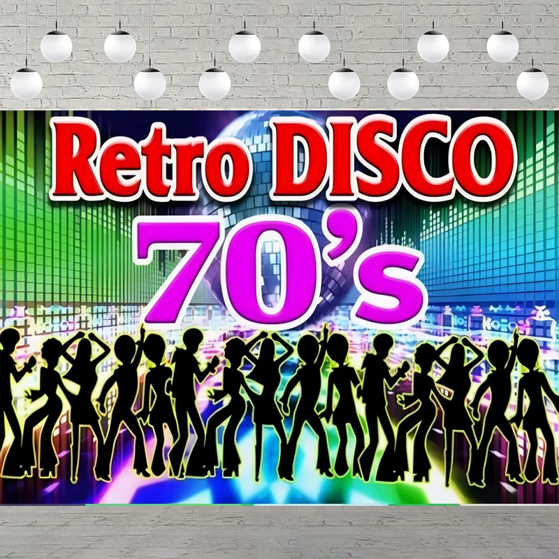 Fondo de fotografía de fiesta de regreso a los años 70 para fiesta disco, bola de discoteca Retro de los años 70, pared de fondo nocturna de baile de neón loco Let's Glow