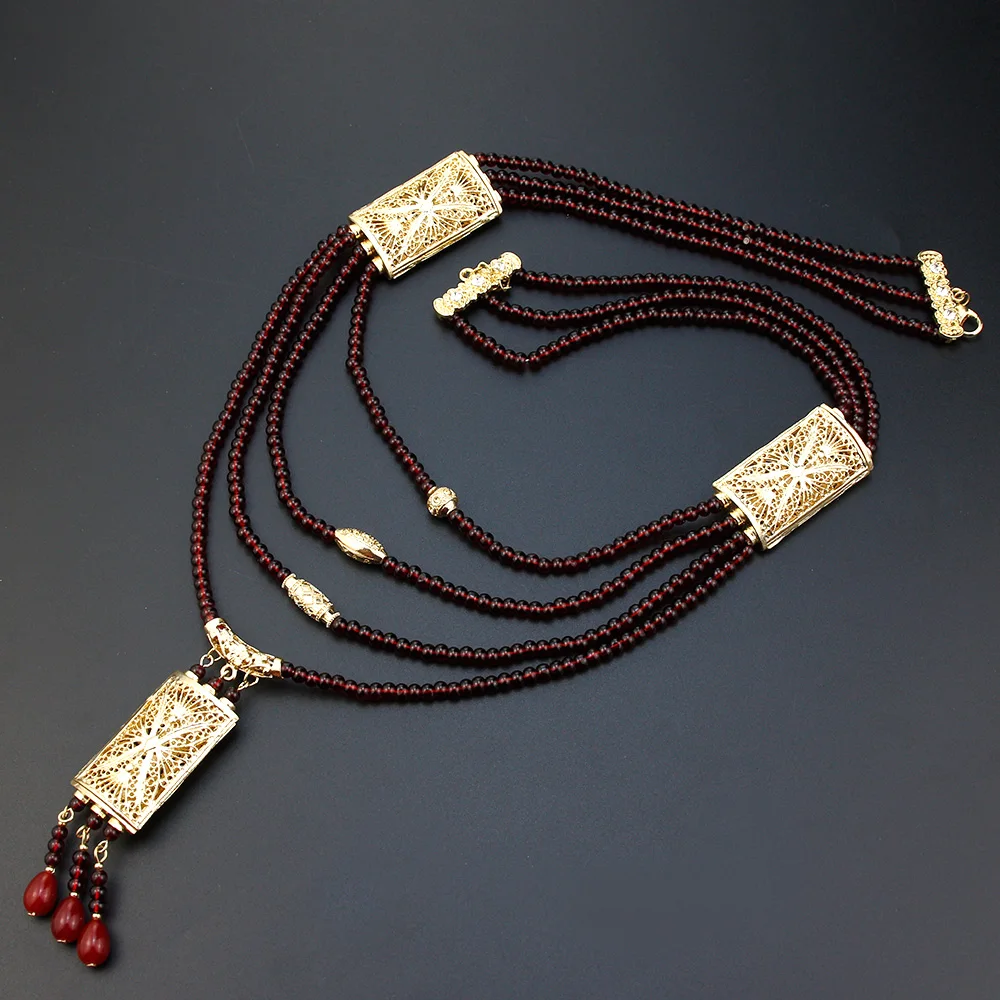 Neovisson Morocco Charm Necklace 18k Gold Color Arabic Bead Necklace Long Women Multilayer Chain Bride Wedding Jewelry