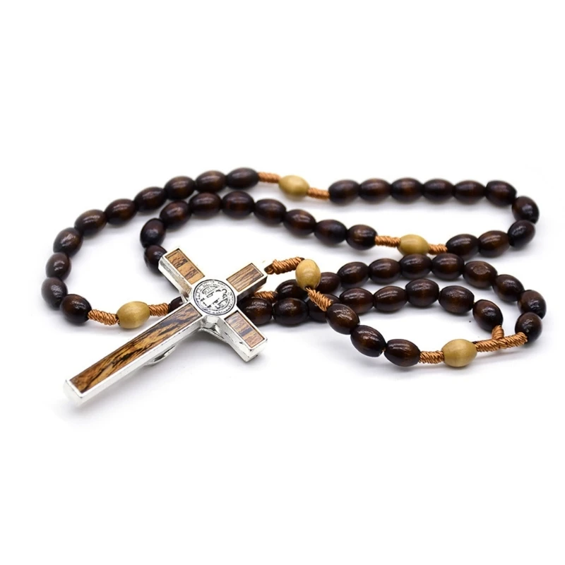 Collares cuentas madera, colgantes Cruz, collares Rosario, cadena cristiana, joyería, envío directo
