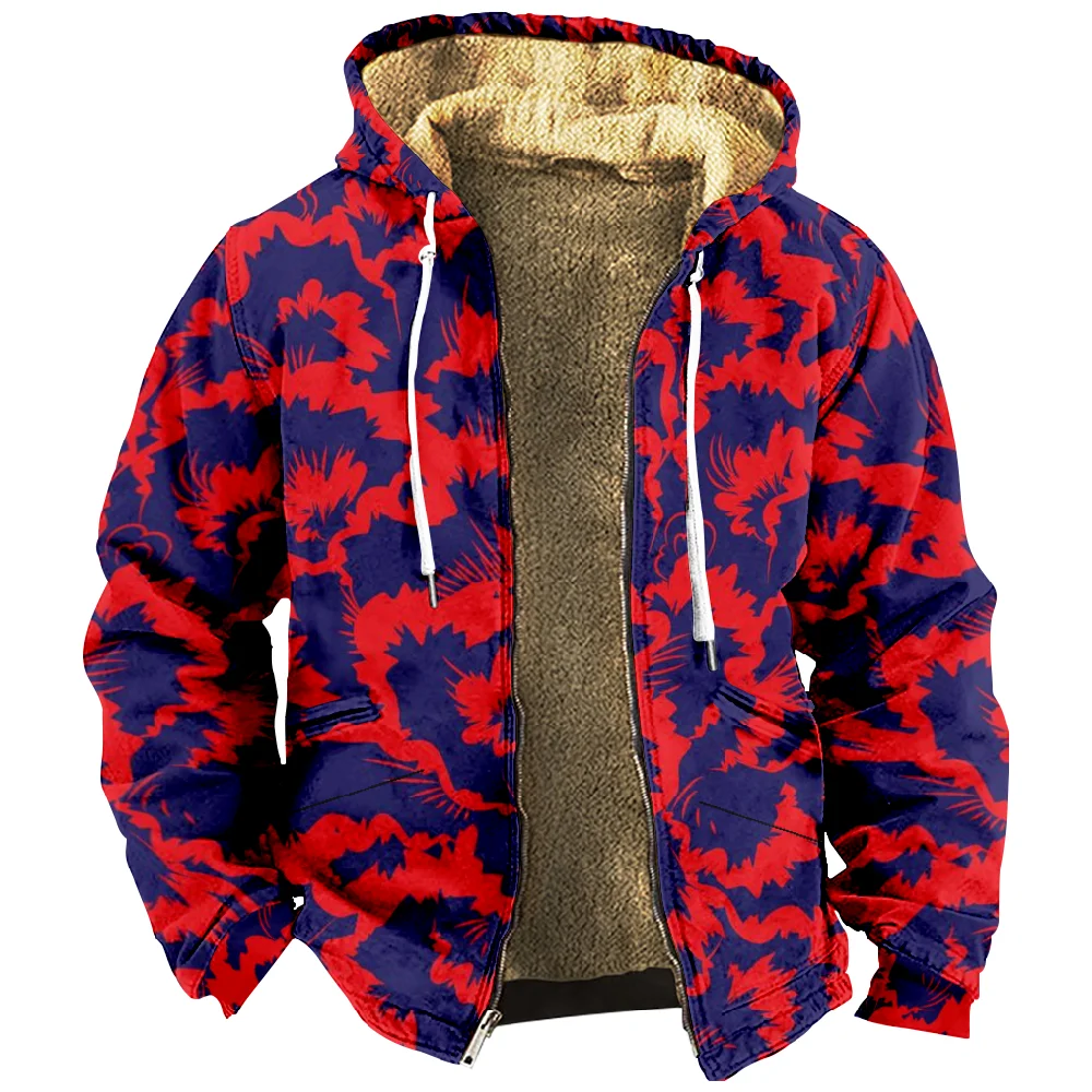 

Men's Zipper Hoodies Flower Stripes Print Casual Winter Clothing Long Sleeve Sweatshirt Casual Hooded Jacket Outerwear