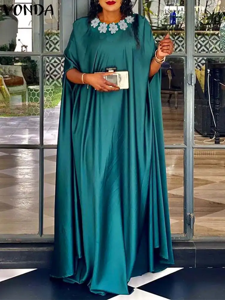 Plus Size 5XL VONDA  Summer Party Dress Fashion Women Satin Long Maxi Sundress Bohemian Round Neck 3/4 Bat Sleeve Vestidos Robe