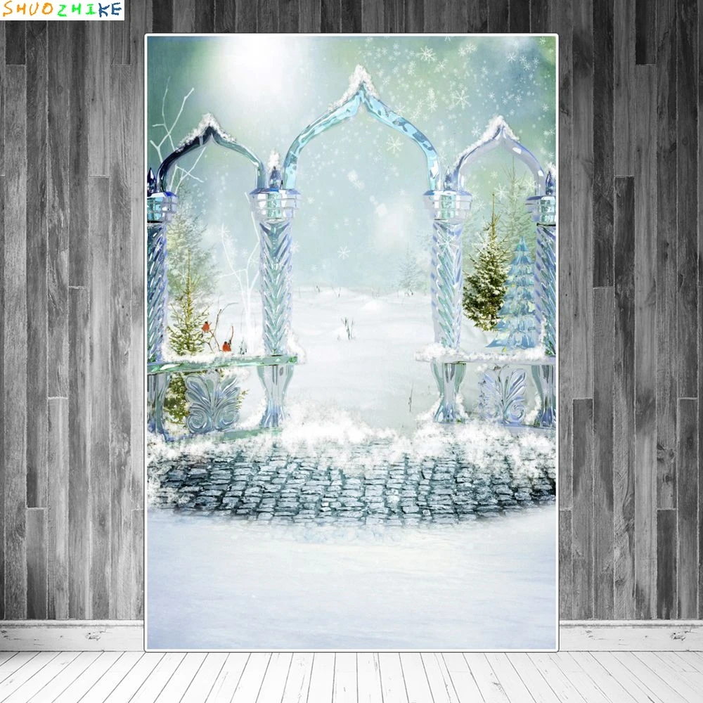 Backdrop Snow Frozen Castle Princess Birthday Background Custom Girls Blue White Fairy Party Decorations Shooting Props