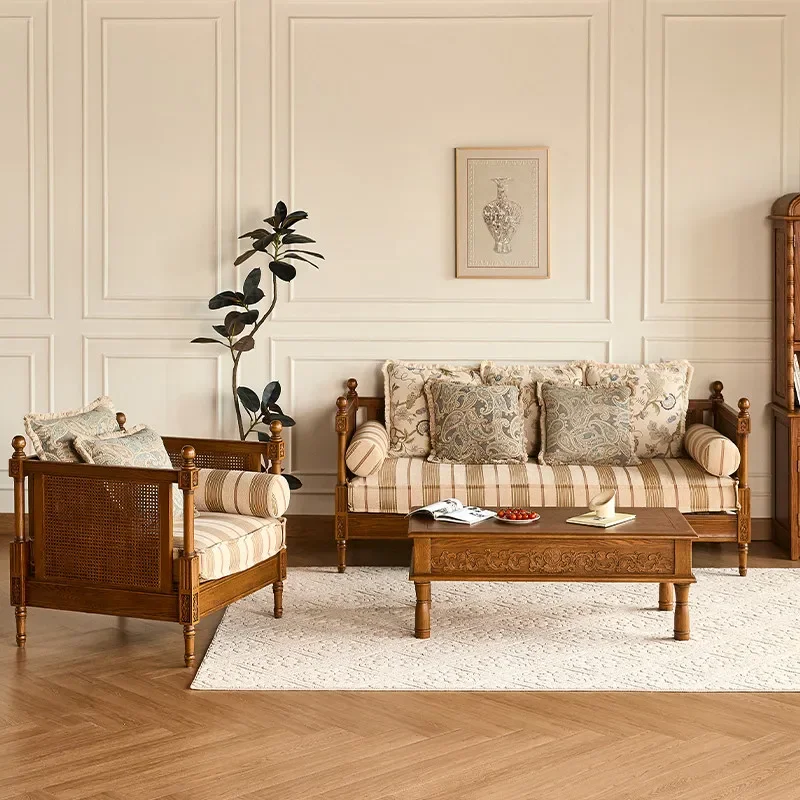 American country solid wood rattan surface single seat three person widened sofa living room furniture retro straight row