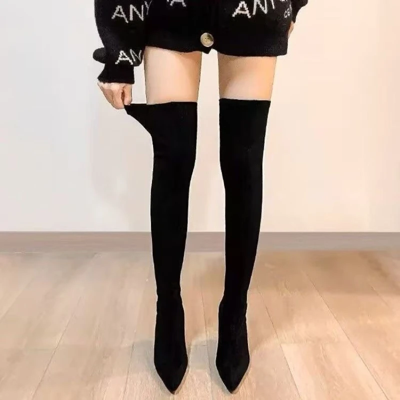 

2025 Spring Autumn New Sexy Slimming Over The Knee Women Boots Chunky Heel Suede Stretchy Pointed Toe High Heel Long Knee Boots