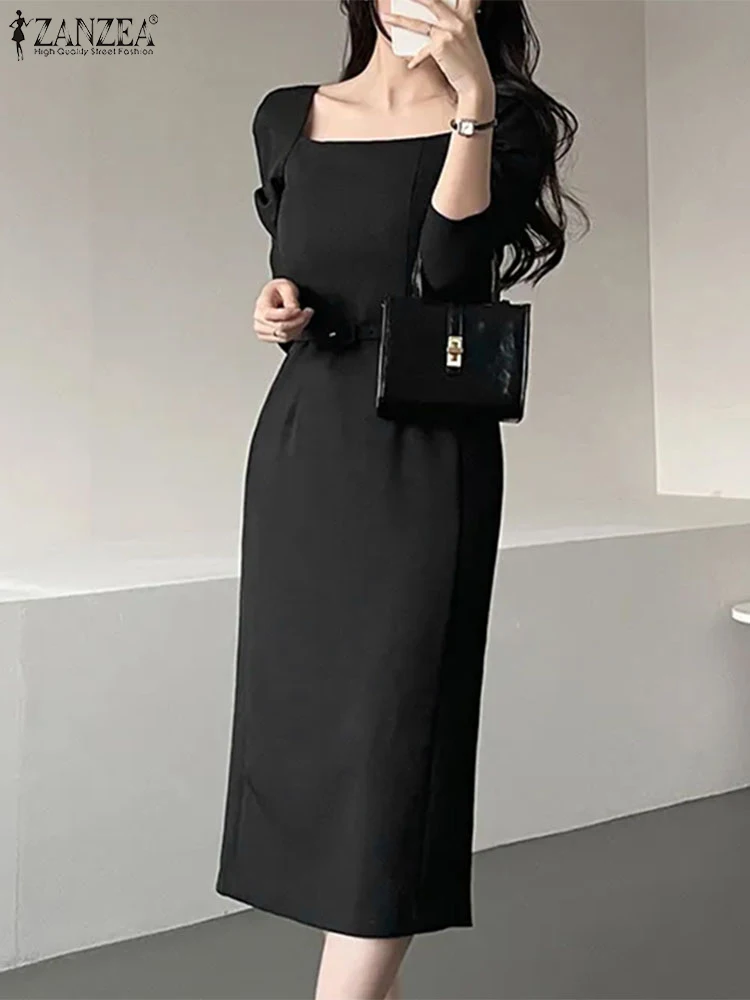 

ZANZEA Square Neck Women Party Vestidos Elegant 2025 Spring Casual Solid Color Long Robes Office Lady Long Sleeve Fitted Dress