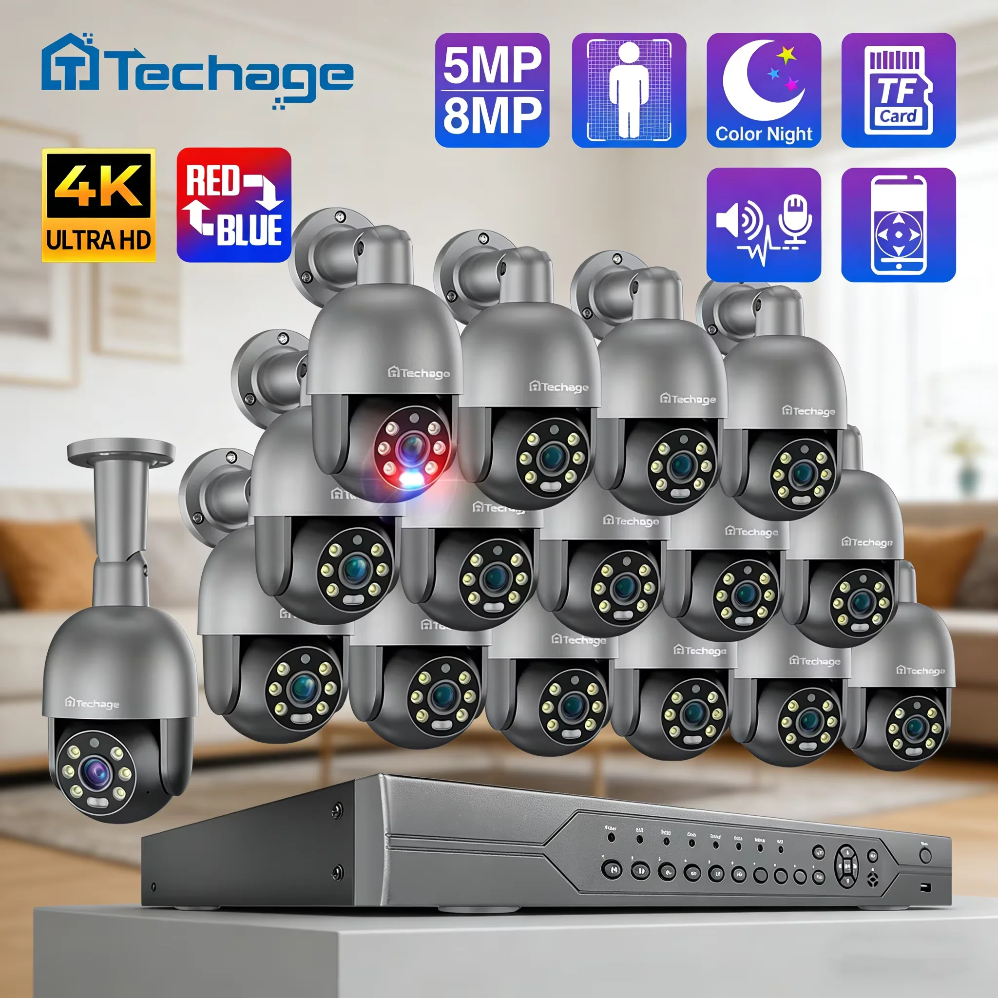 Techage 16CH 8MP 5MP PTZ PoE Surveillance Security Camera CCTV System H.265 4K Video 2-Way Audio NVR Kit Outdoor ONVIF DVR