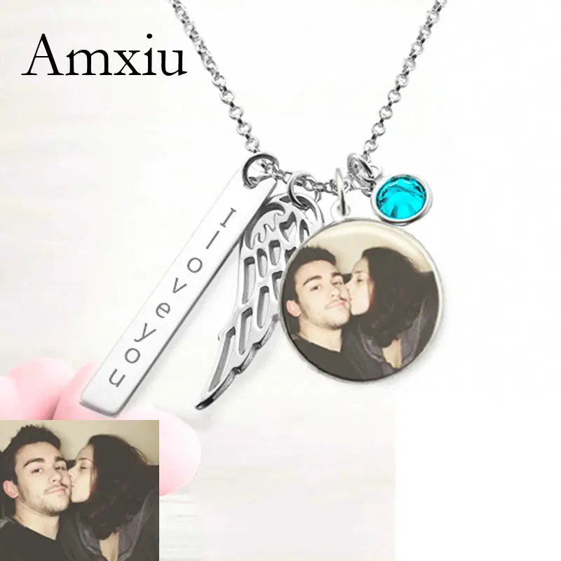 Amxiu Personalized Photo Necklace Custom Name Necklace 925 Sterling Silver Jewelry Wing Pendant Necklace for Women Accessories