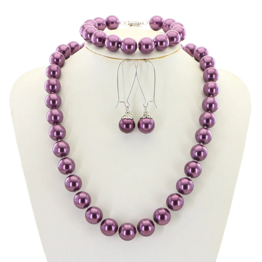 Accessories Christmas Gift 12mm Purple Round shell Pearl Beads Necklace Bracelet Earrings Sets Jewelry Making Design Women Girls