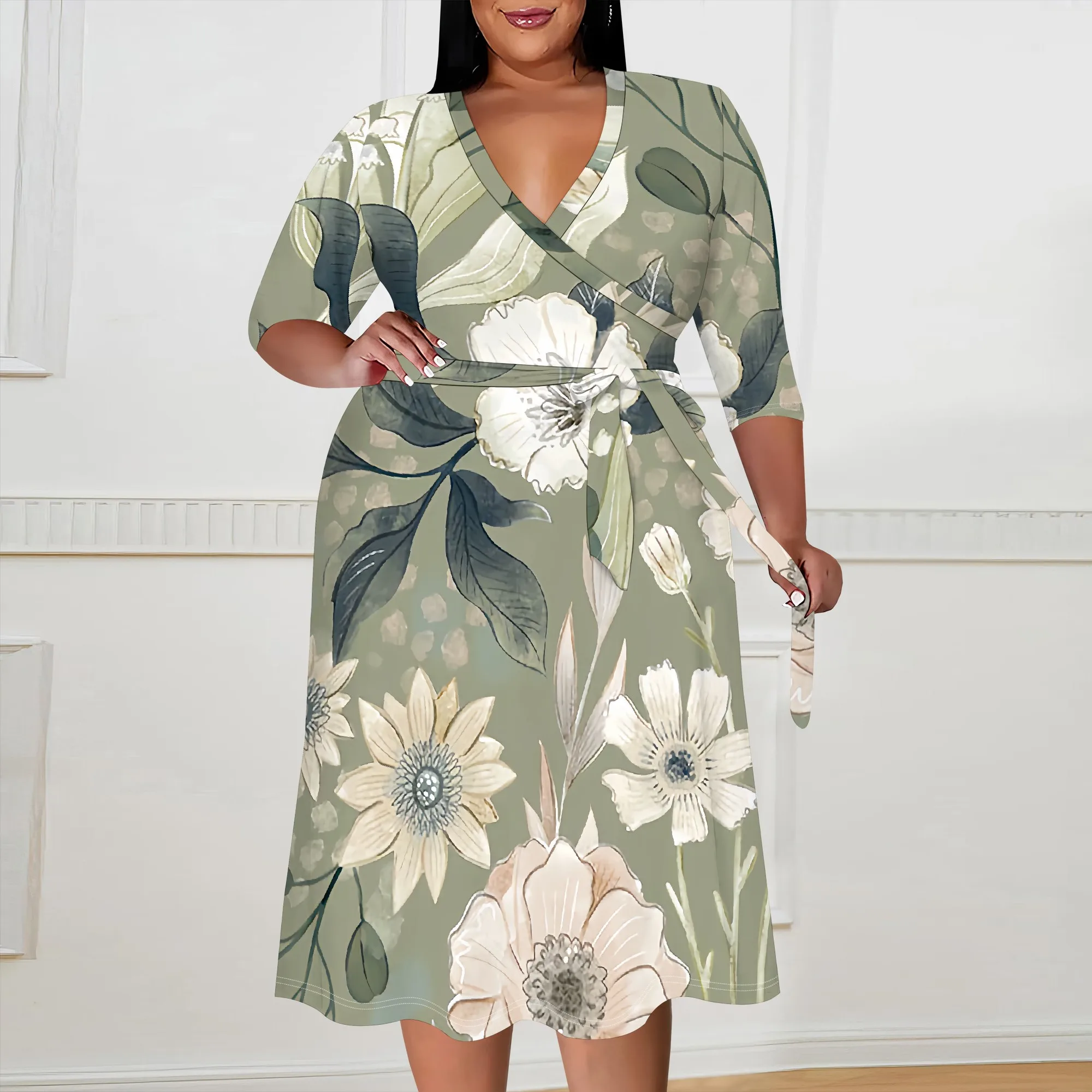 

Elegant Floral Print Dress XL-6XL Plus Size V-Neck Belted Style for Garden Party or Brunch Outfit