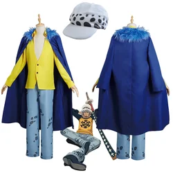 Hot Anime ONE Trafalgar D Water Law PIECE Coat Pants Cloak Cosplay Costume Adult Sets Halloween Carnival Performance Uniform Cap