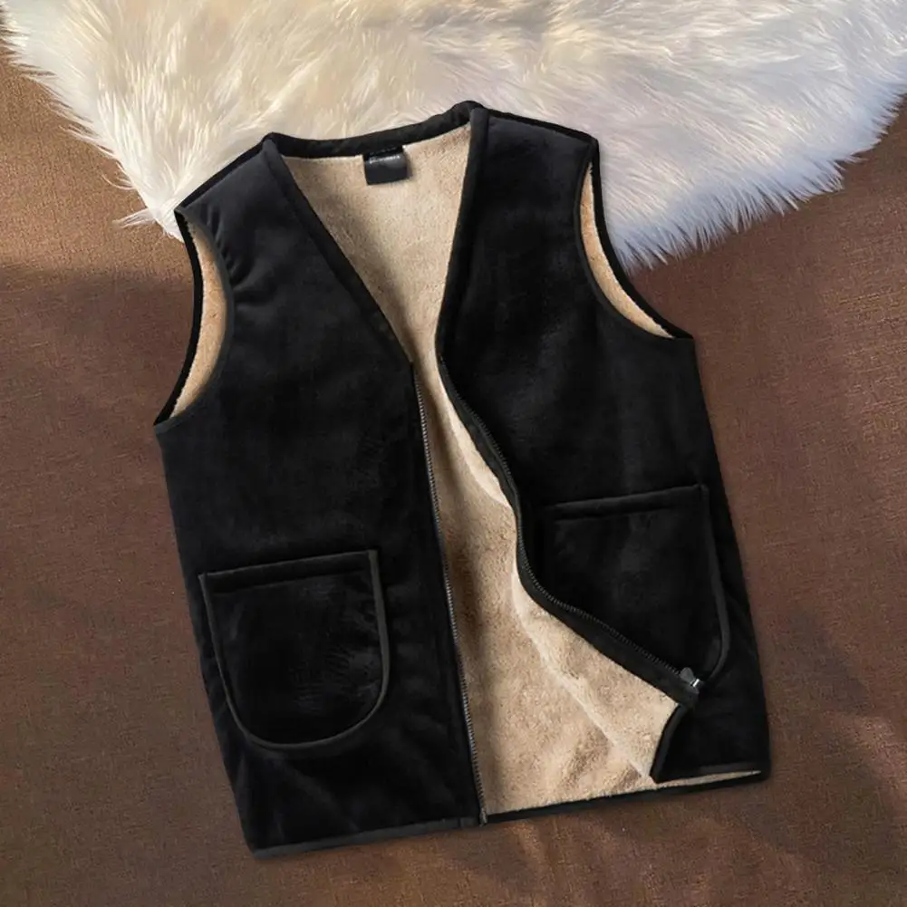 Casual Men Vest Men's V-neck Velvet Lined Vest Coat with Pockets Zipper Closure Thickened Warm Waistcoat for Winter Sleeveless