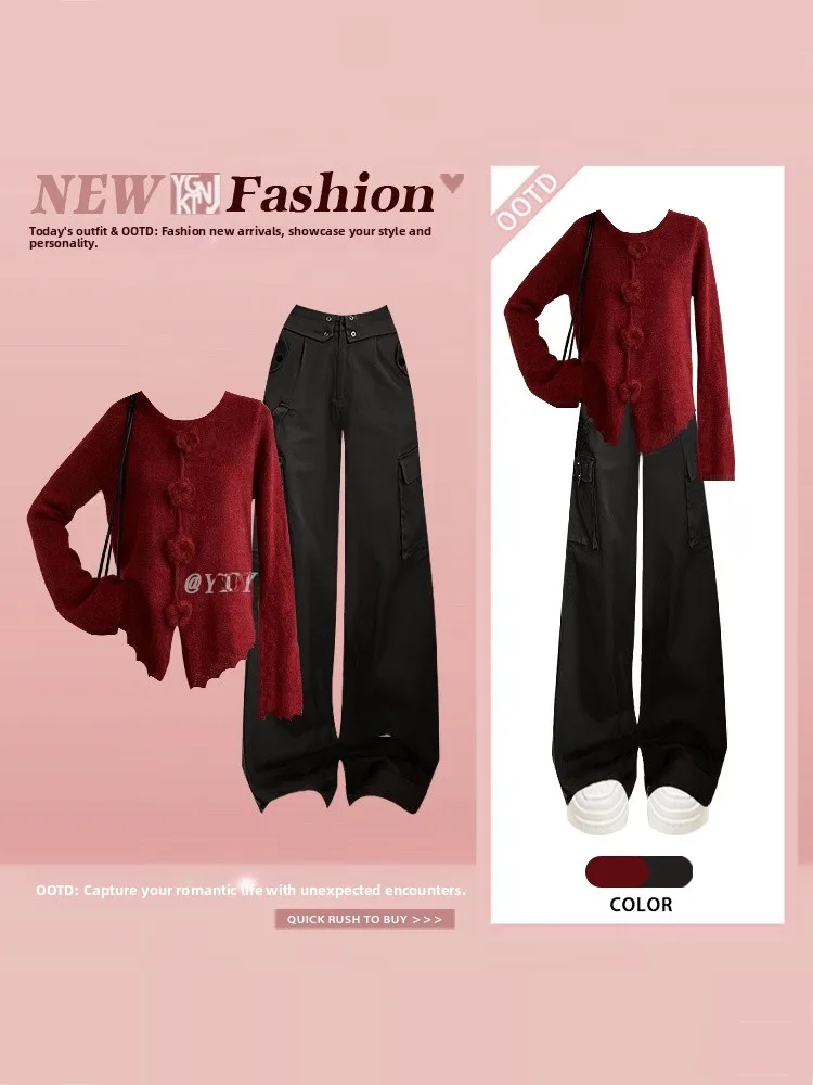 

Unique Beautiful plus Size Knitted Sweater And Casual Pants Set with 3D Flower Design Spring 2026 Fashion Ensemble