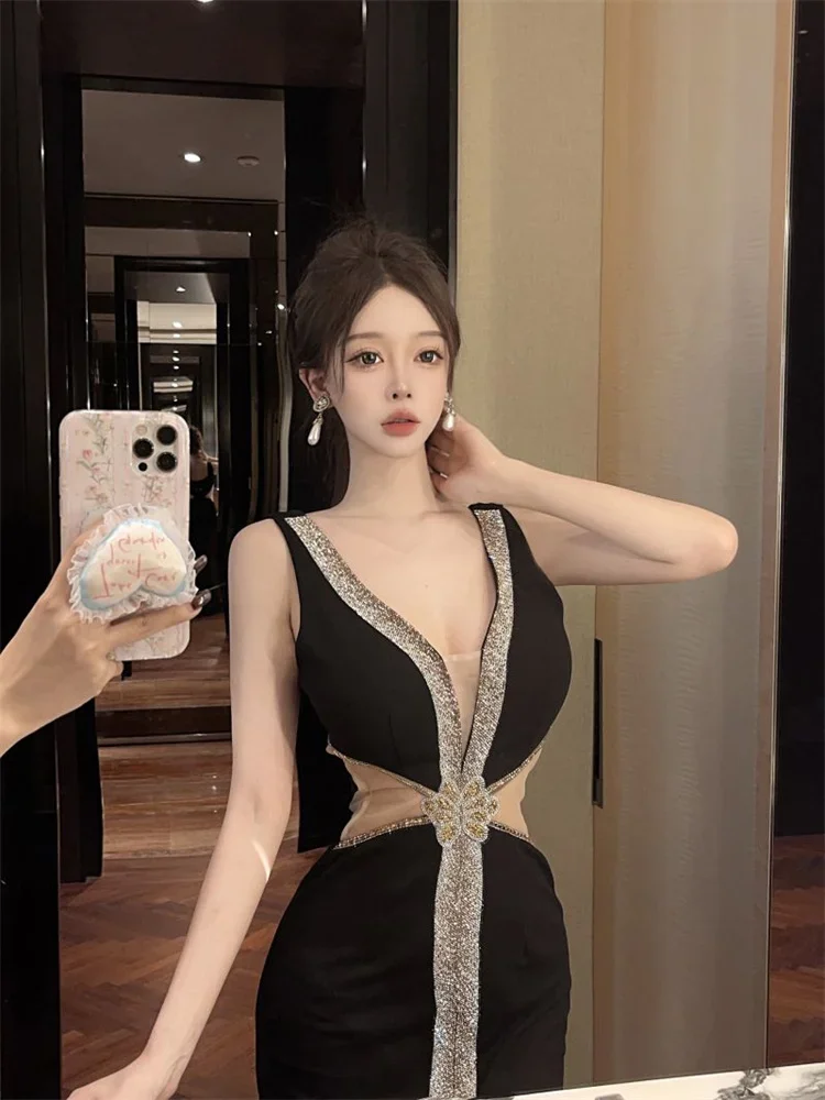 ハイエンドなホローアウトセクシーマキシドレス、女性用ディープVネック、キラキラ輝くスパンコールトリム、ロングパーティードレス、カットアウトウエスト、フォーマルイブニングドレス