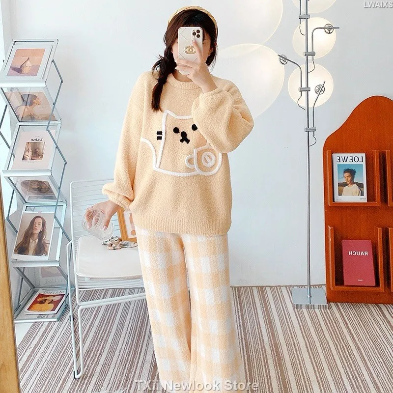 Wearing Soft Pajamas Women's Autumn and Winter Sweet Japanese Style fleece-lined Thickened Cartoon Cat Two-Piece Home Clothes