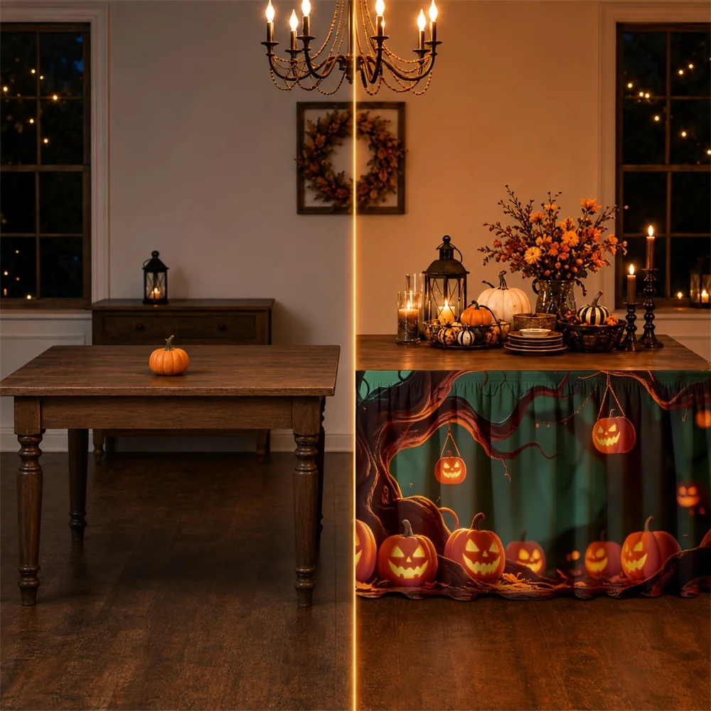 The tablecloth with glowing lanterns in a Halloween pumpkin forest, perfect for a fall celebration party.zyc