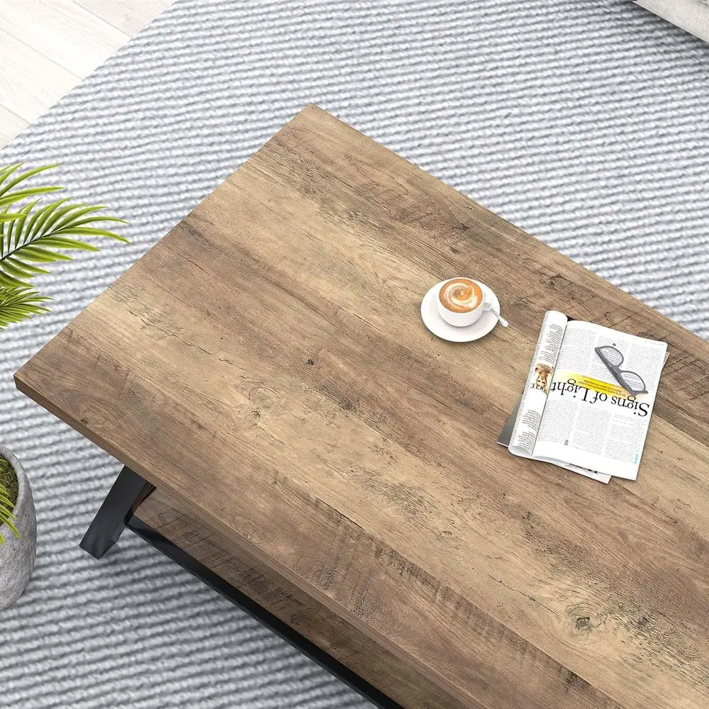 Rustic Oak Industrial-Style Rectangular Coffee Table with Storage Shelf, 47 for Living Room
