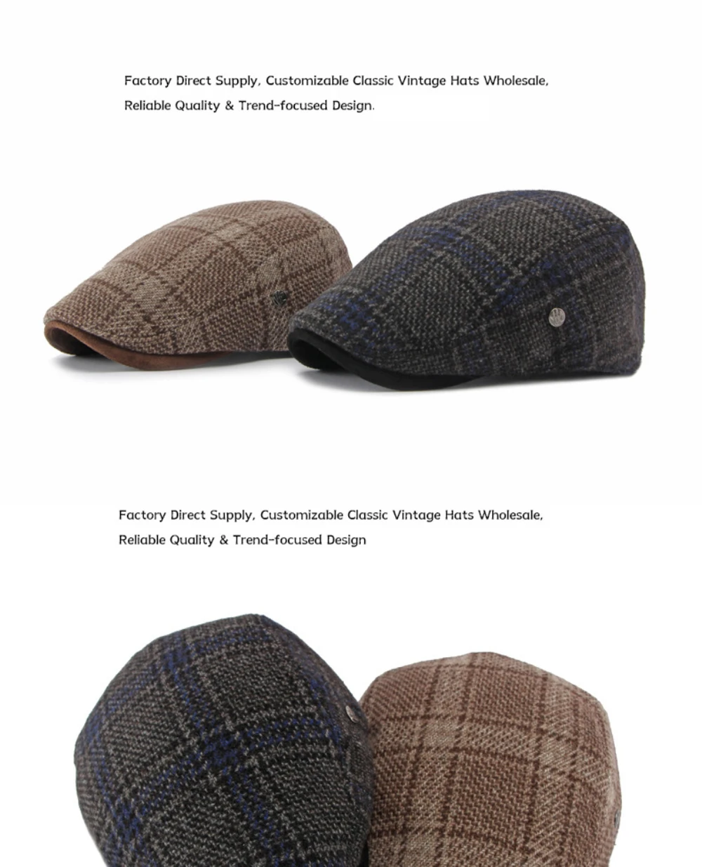 HT5159 Baskenmützen Warme Künstler-Malermütze aus Wolle für Damen und Herren, mit Fleece gefütterte Ivy-Flachmützen, 2026 Neue Herbst-Winter Karierte Baskenmütze – Detail 7