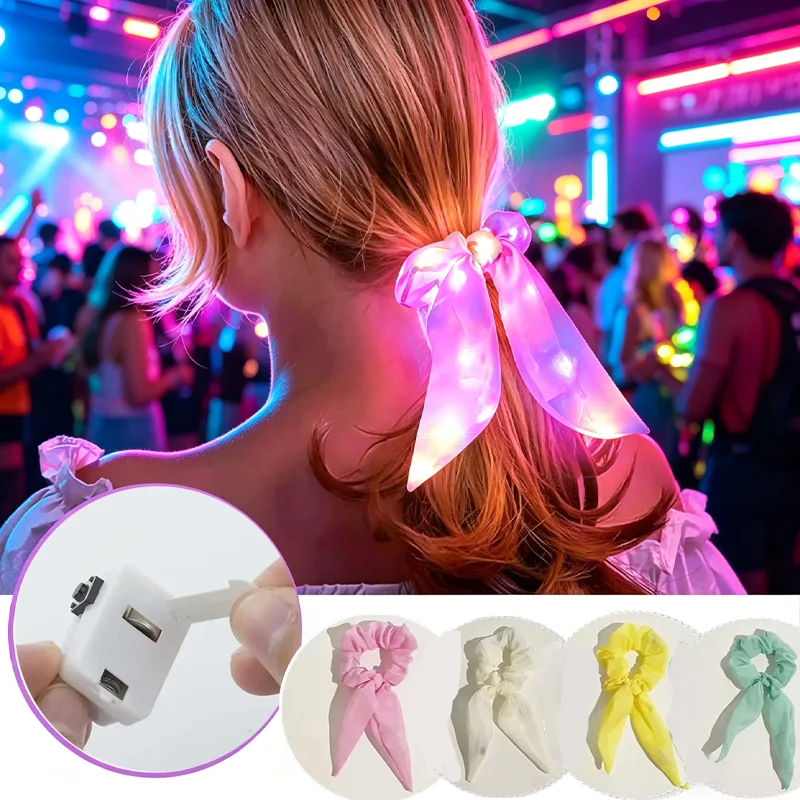 

LED Light Up Hair Scrunchie Bow Glow in Dark Ponytail Holders Women Accessories Party Favors Supplies for Night