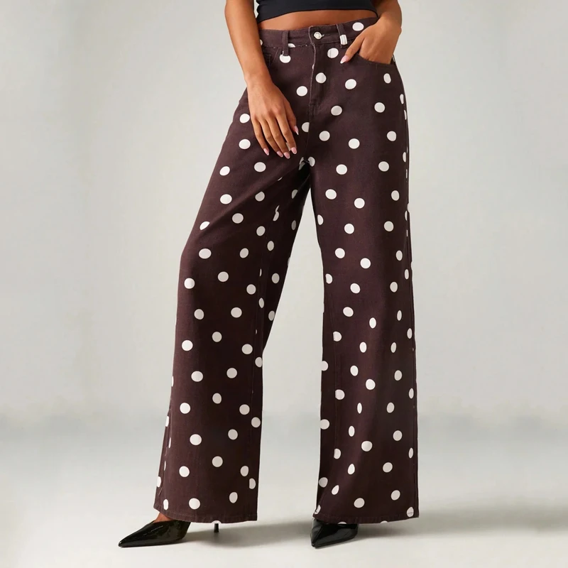 Fashion Dot Printing Denim Pants for Women Spring Autumn Mid Waist Casual Trousers American Style Straight Leg Pocket Pant