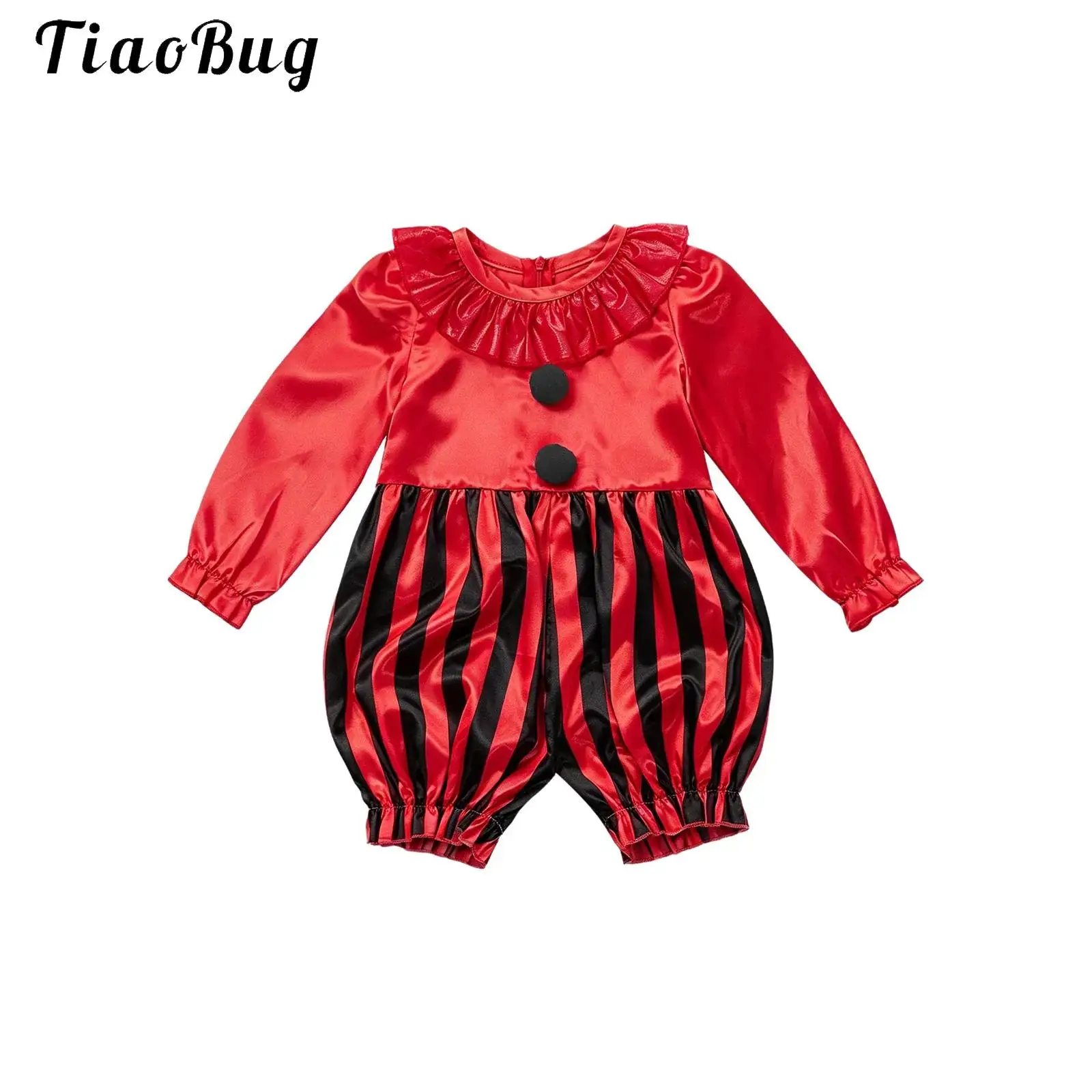 Toddler Baby Halloween Clown Costume Boys Girls Circus Jumpsuit Kids Funny Long Sleeve Striped Back Zipper Rompers with Pom-pom