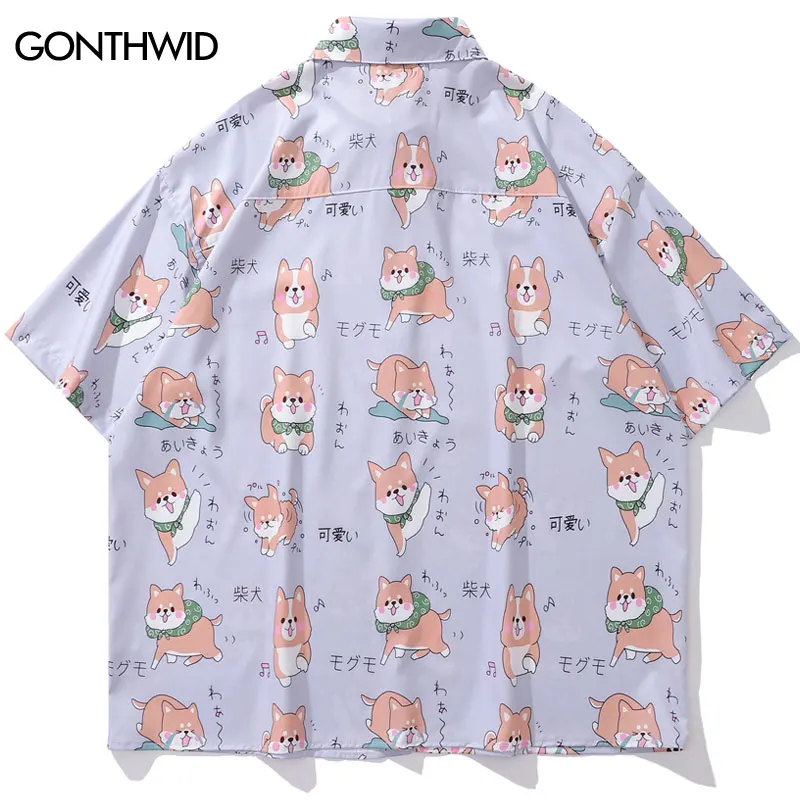 Harajuku Cartoon Shiba Dog Graphic Print Shirts Funny Summer Button Up Blouse 2024 Men Hip Hop Casual Loose Short Sleeve Tops