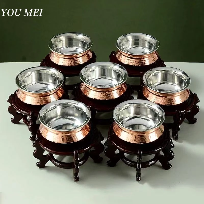

Tibetan-Style Double-Layer Copper Water Bowl,Red Copper Water supply cup, Retro Altars Bowl Desktop Ornament With Wooden Support