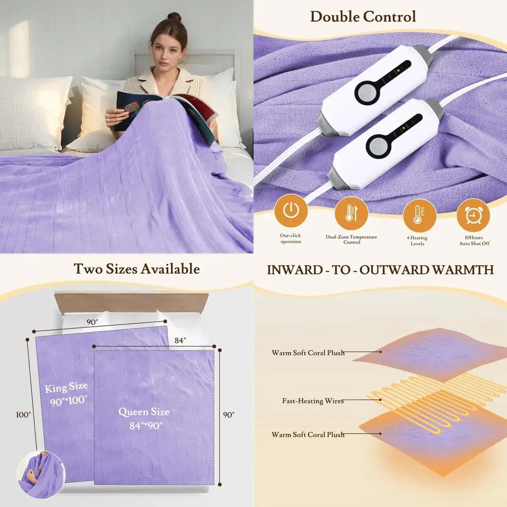 

Queen Size Electric Blanket 84x90 - 4 Heat Levels, Dual Controls, Auto Shut-Off, Soft Coral Fleece, Light Purple