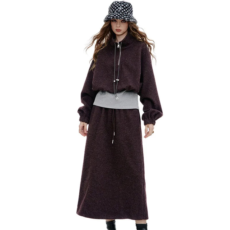 ELFSACK 2025 invierno nuevas llegadas Casual Color sólido versátil manga larga vestido con capucha conjunto para mujer