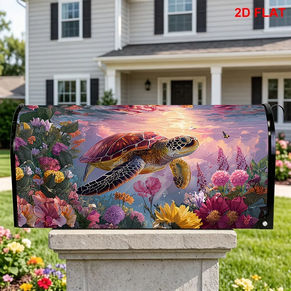 1pc Sea turtle mailbox cover with colorful wildflowers and sunset, suitable for outdoor mailbox decoration for yards and gardens