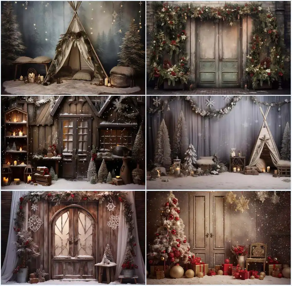 

Mehofond Winter Christmas Backdrop Wood Door Gifts Glitter Xmas Tree Kids Family Portrait Photography Background Photo Studio