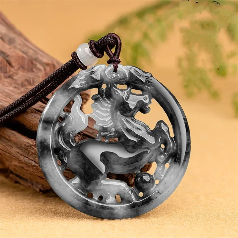 

Jiale/Hand-Carved/Natural Emerald Black Chicken Species Zodiac Horse Jade Pendant Men Women Party Fine Jewelry Necklace Gifts