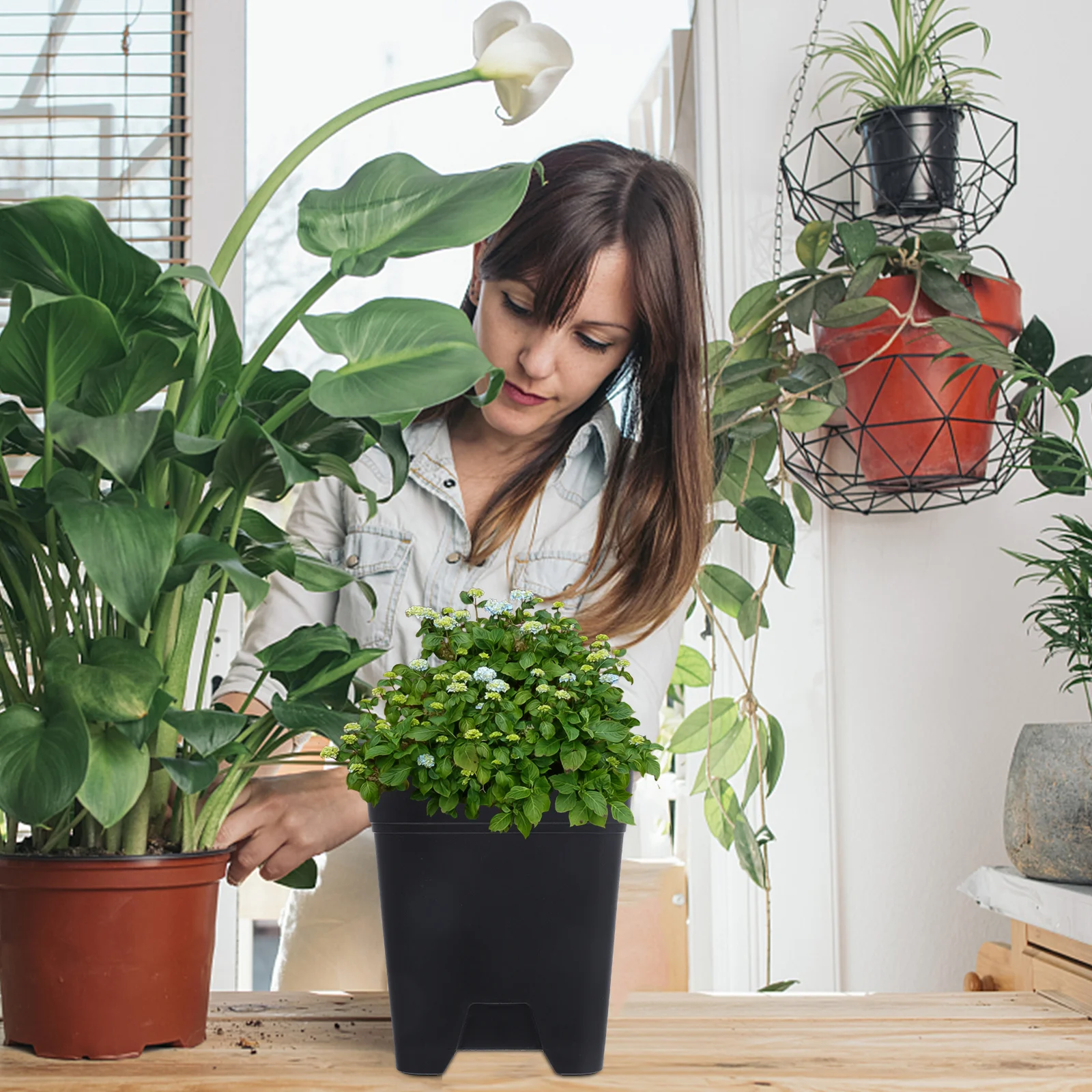 

6Pcs Plastic Root Control Flowerpots Durable Stackable Square Planters with Drainage Holes for Home Office Indoor Planting